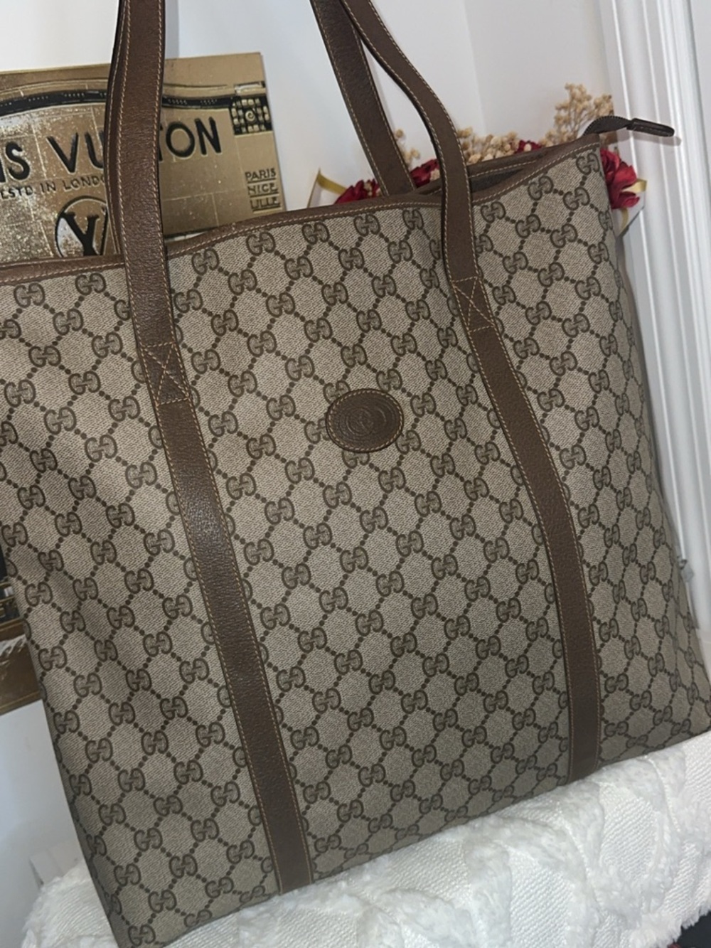 Gucci Beige Brown GG Canvas Tote with Brown Leather Trim